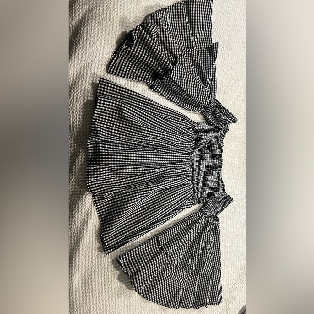 Aqua black gingham off the shoulder top, large